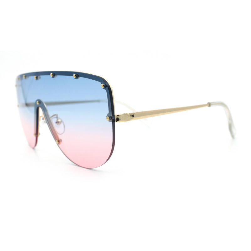 Metal Stud Flat Top Half Rim Rimless Shield Oversized Racer Sunglasses