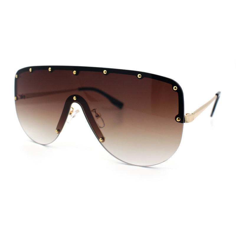 Metal Stud Flat Top Half Rim Rimless Shield Oversized Racer Sunglasses