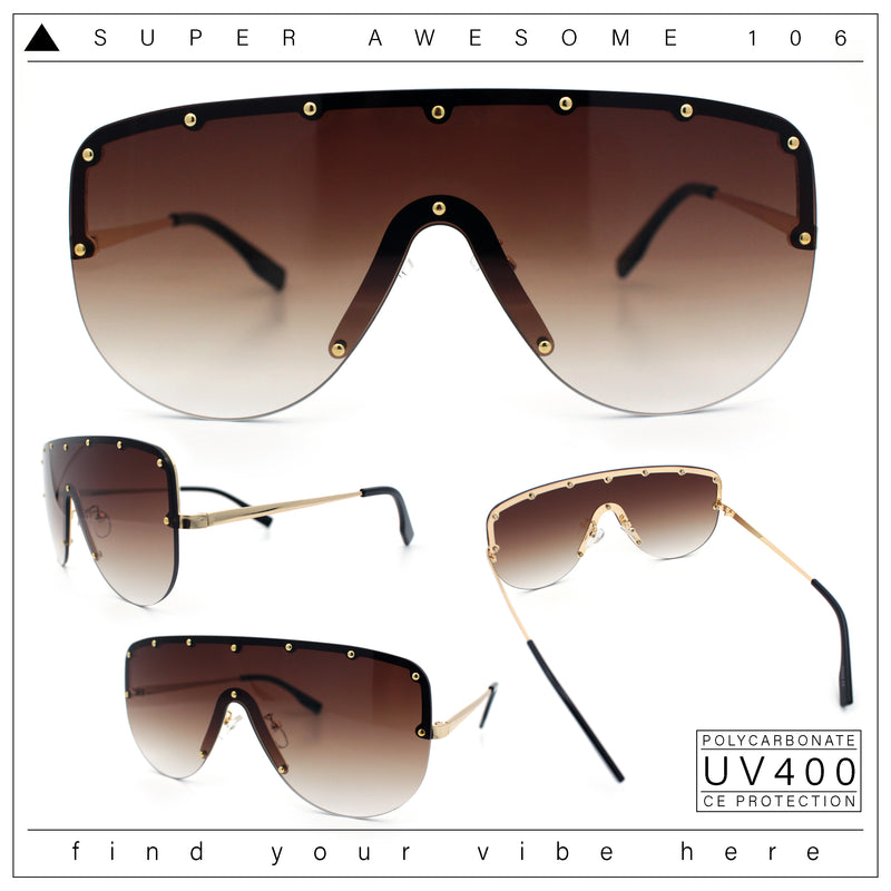 Metal Stud Flat Top Half Rim Rimless Shield Oversized Racer Sunglasses