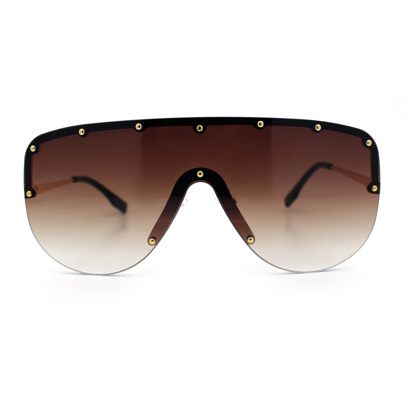 Metal Stud Flat Top Half Rim Rimless Shield Oversized Racer Sunglasses