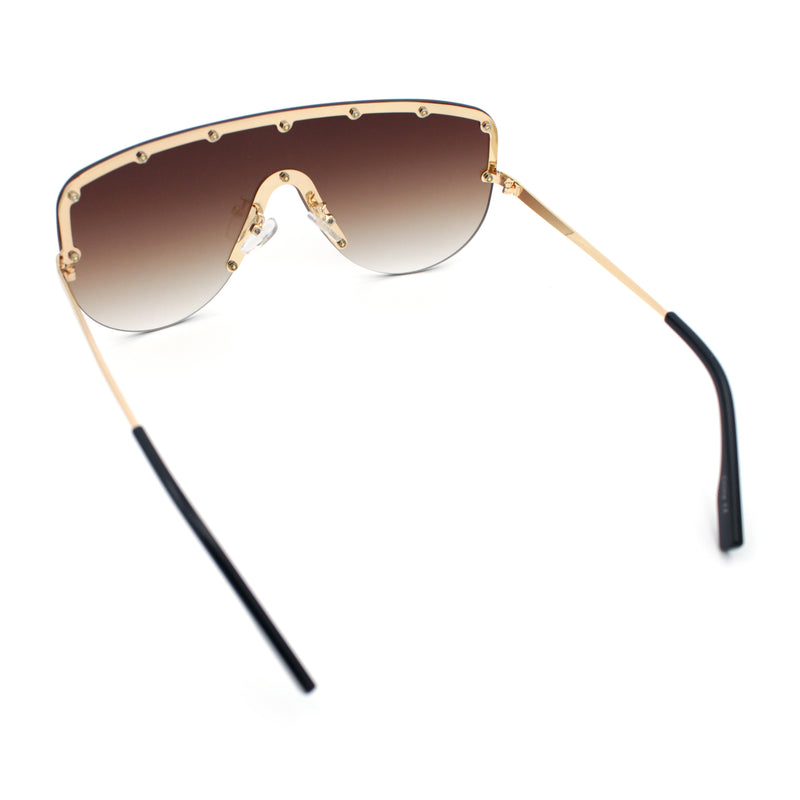 Metal Stud Flat Top Half Rim Rimless Shield Oversized Racer Sunglasses