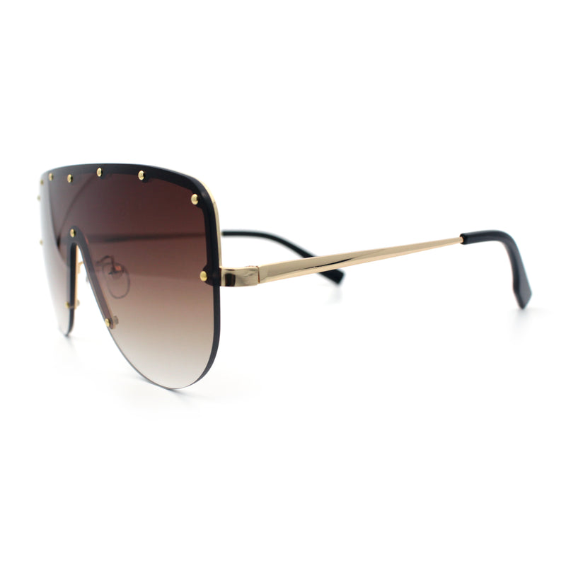 Metal Stud Flat Top Half Rim Rimless Shield Oversized Racer Sunglasses