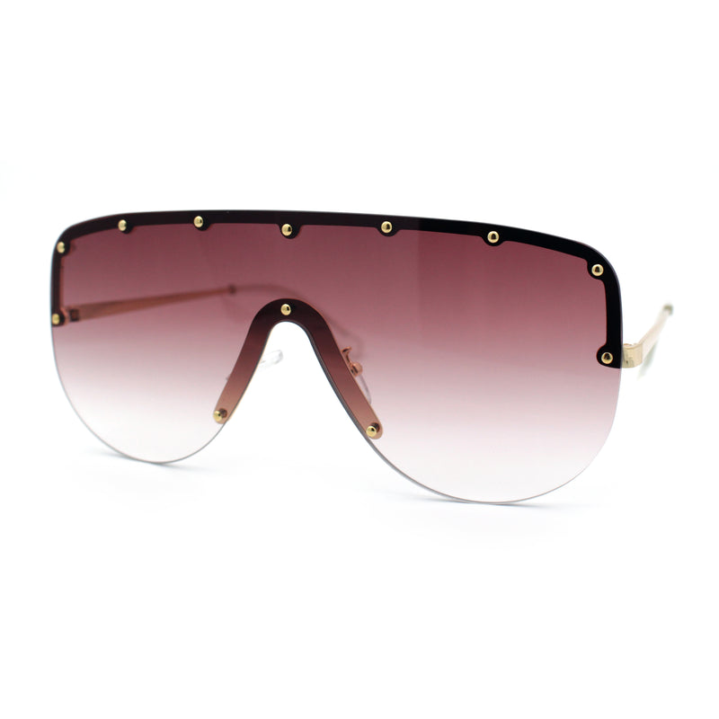 Metal Stud Flat Top Half Rim Rimless Shield Oversized Racer Sunglasses