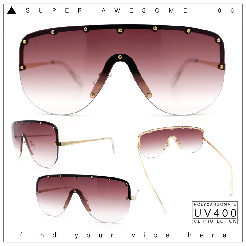 Metal Stud Flat Top Half Rim Rimless Shield Oversized Racer Sunglasses