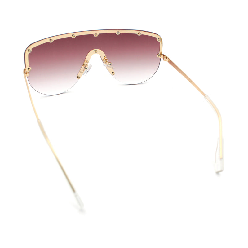 Metal Stud Flat Top Half Rim Rimless Shield Oversized Racer Sunglasses