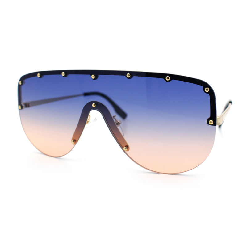 Metal Stud Flat Top Half Rim Rimless Shield Oversized Racer Sunglasses