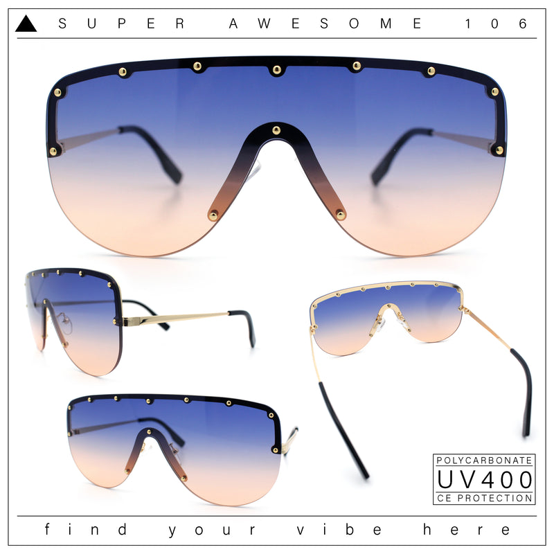 Metal Stud Flat Top Half Rim Rimless Shield Oversized Racer Sunglasses