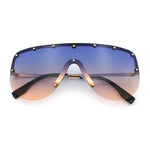 Metal Stud Flat Top Half Rim Rimless Shield Oversized Racer Sunglasses