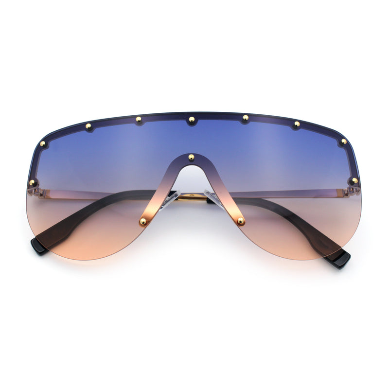 Metal Stud Flat Top Half Rim Rimless Shield Oversized Racer Sunglasses
