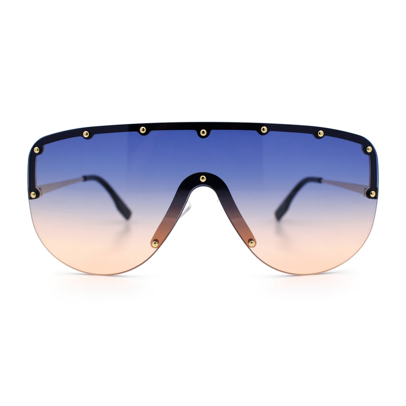 Metal Stud Flat Top Half Rim Rimless Shield Oversized Racer Sunglasses