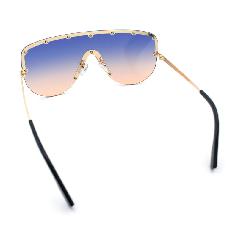 Metal Stud Flat Top Half Rim Rimless Shield Oversized Racer Sunglasses