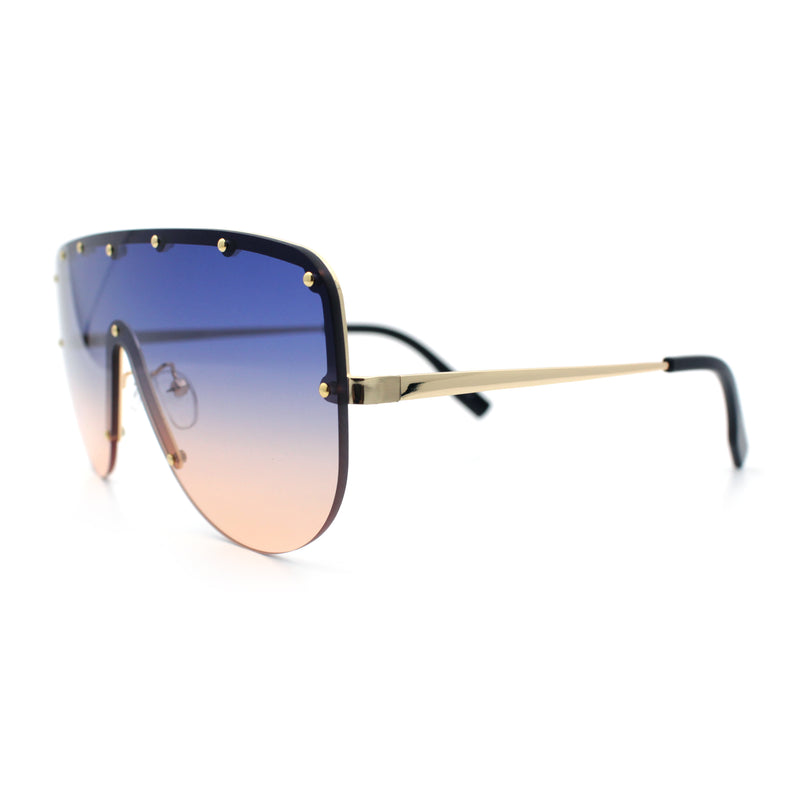 Metal Stud Flat Top Half Rim Rimless Shield Oversized Racer Sunglasses