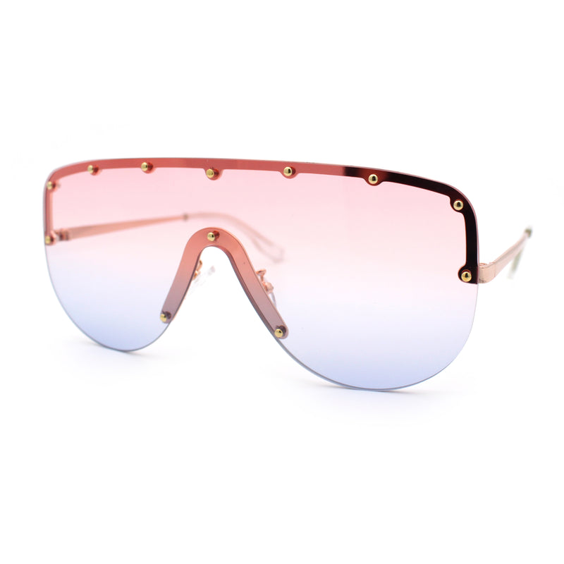 Metal Stud Flat Top Half Rim Rimless Shield Oversized Racer Sunglasses