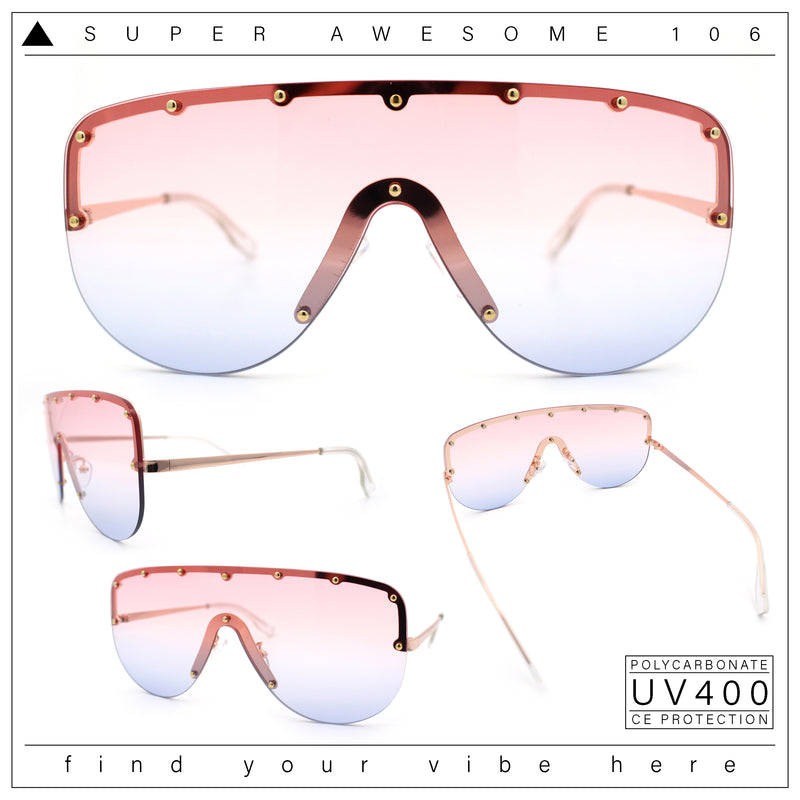 Metal Stud Flat Top Half Rim Rimless Shield Oversized Racer Sunglasses