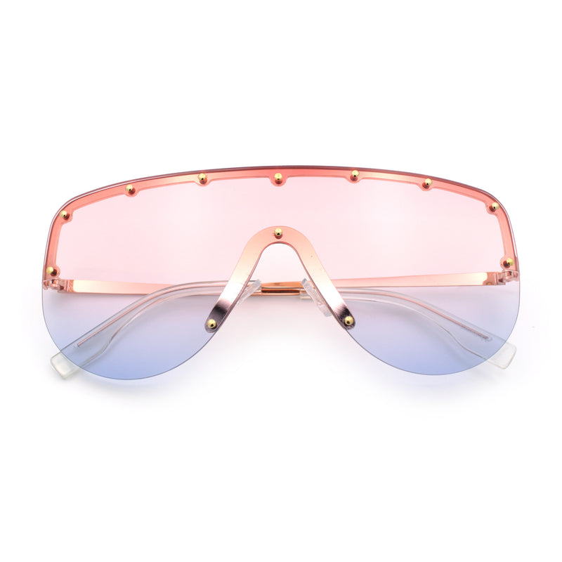 Metal Stud Flat Top Half Rim Rimless Shield Oversized Racer Sunglasses