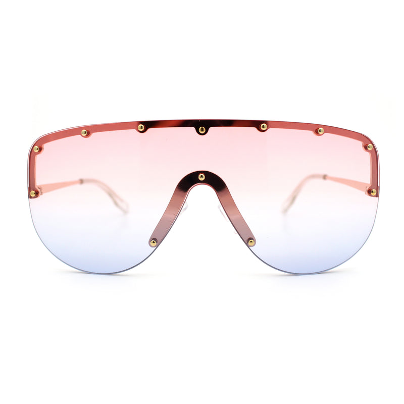 Metal Stud Flat Top Half Rim Rimless Shield Oversized Racer Sunglasses