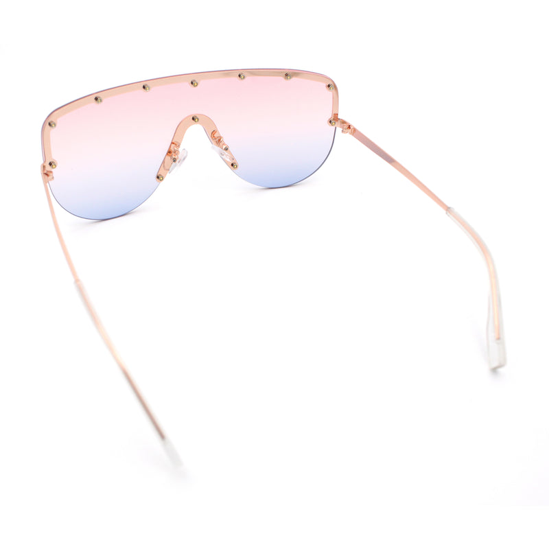Metal Stud Flat Top Half Rim Rimless Shield Oversized Racer Sunglasses