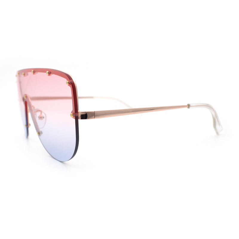 Metal Stud Flat Top Half Rim Rimless Shield Oversized Racer Sunglasses