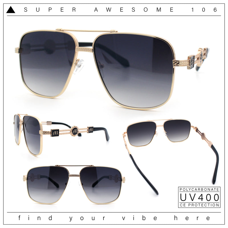 Mens Mogul Mobster Rectangle Metal Rim Double Bridge Luxury Sunglasses