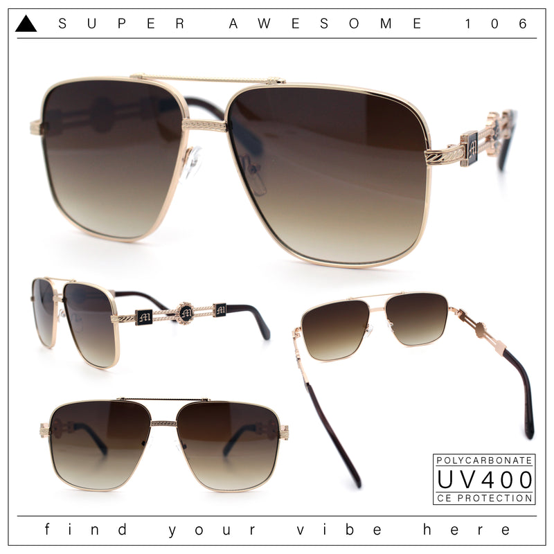 Mens Mogul Mobster Rectangle Metal Rim Double Bridge Luxury Sunglasses
