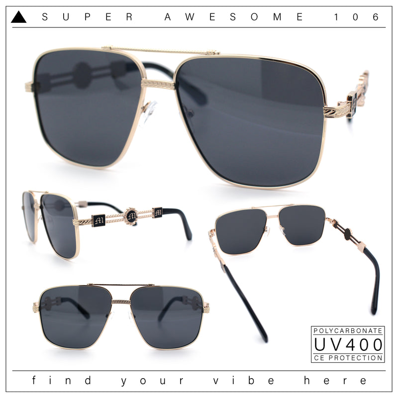 Mens Mogul Mobster Rectangle Metal Rim Double Bridge Luxury Sunglasses