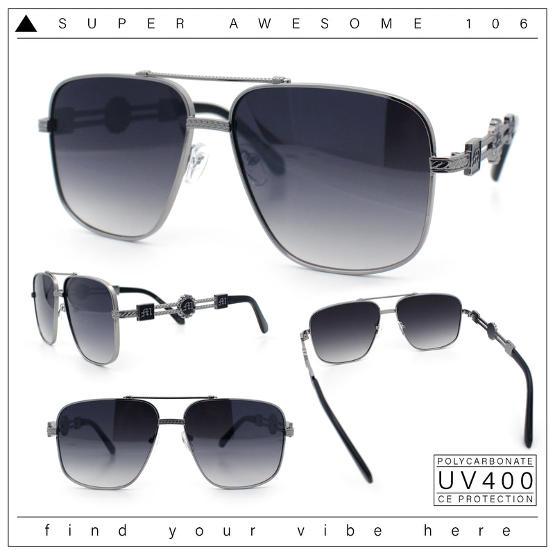 Mens Mogul Mobster Rectangle Metal Rim Double Bridge Luxury Sunglasses