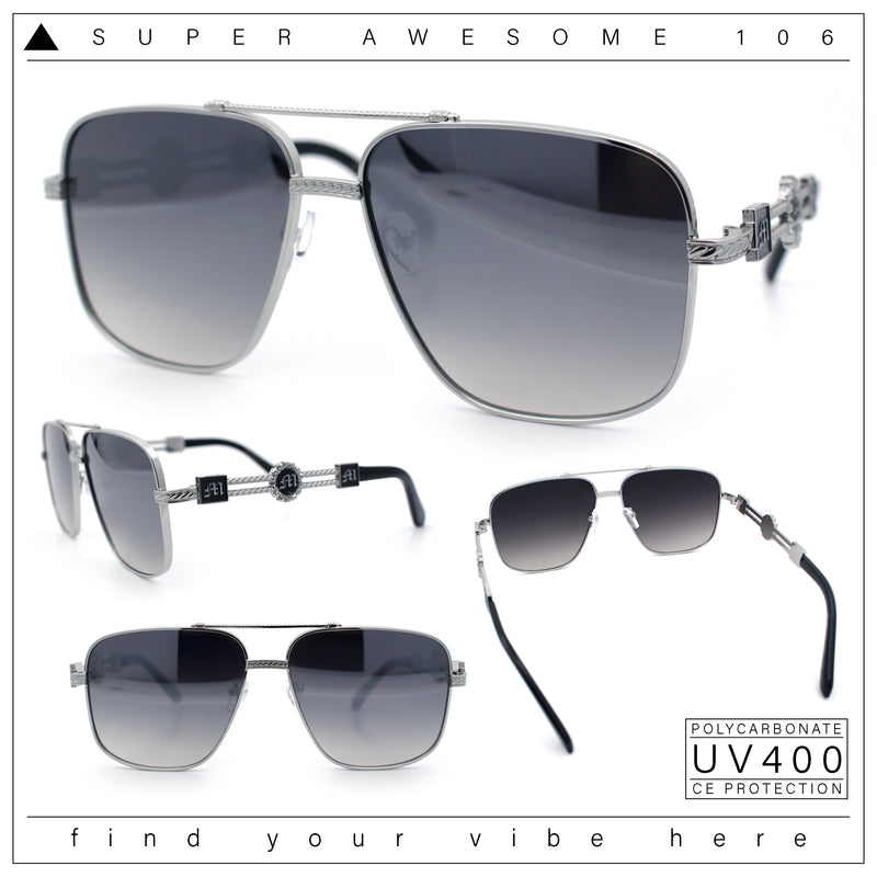 Mens Mogul Mobster Rectangle Metal Rim Double Bridge Luxury Sunglasses