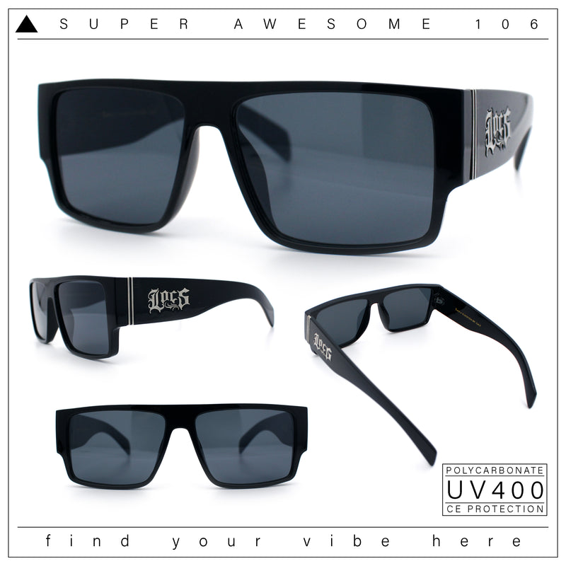 Locs Flat Top Thick Temple All Black Gangster Rectangle Plastic Sunglasses