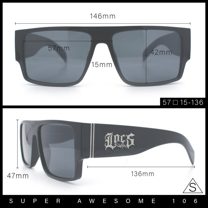 Locs Flat Top Thick Temple All Black Gangster Rectangle Plastic Sunglasses