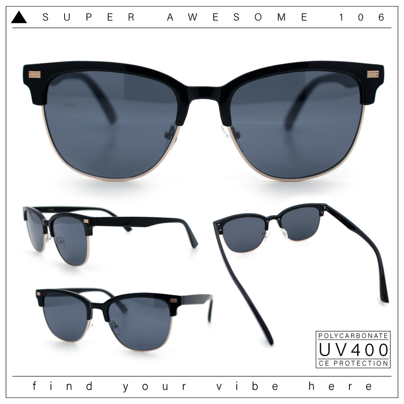 Classic Half Rim Round Horned High Temple Rectangular Sunglasses