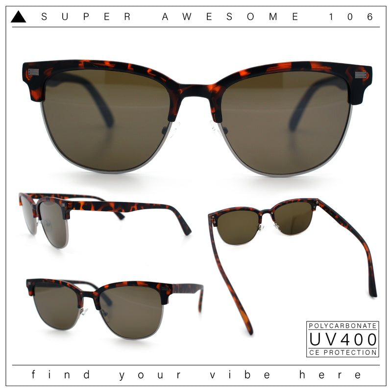 Classic Half Rim Round Horned High Temple Rectangular Sunglasses