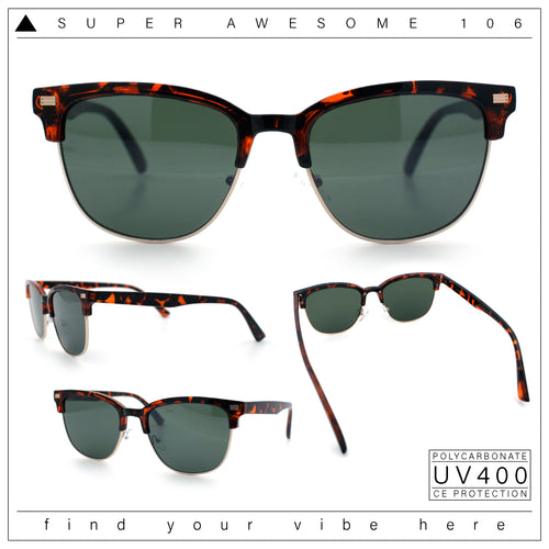 Classic Half Rim Round Horned High Temple Rectangular Sunglasses