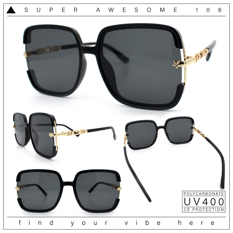 Womens Oversized Rectangle Floral Chain Arm Designer Fashion Sunglasses