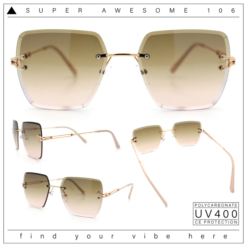 Womens Rimless Oversized Rectangle Designer Fashion Metal Rim Sunglasses