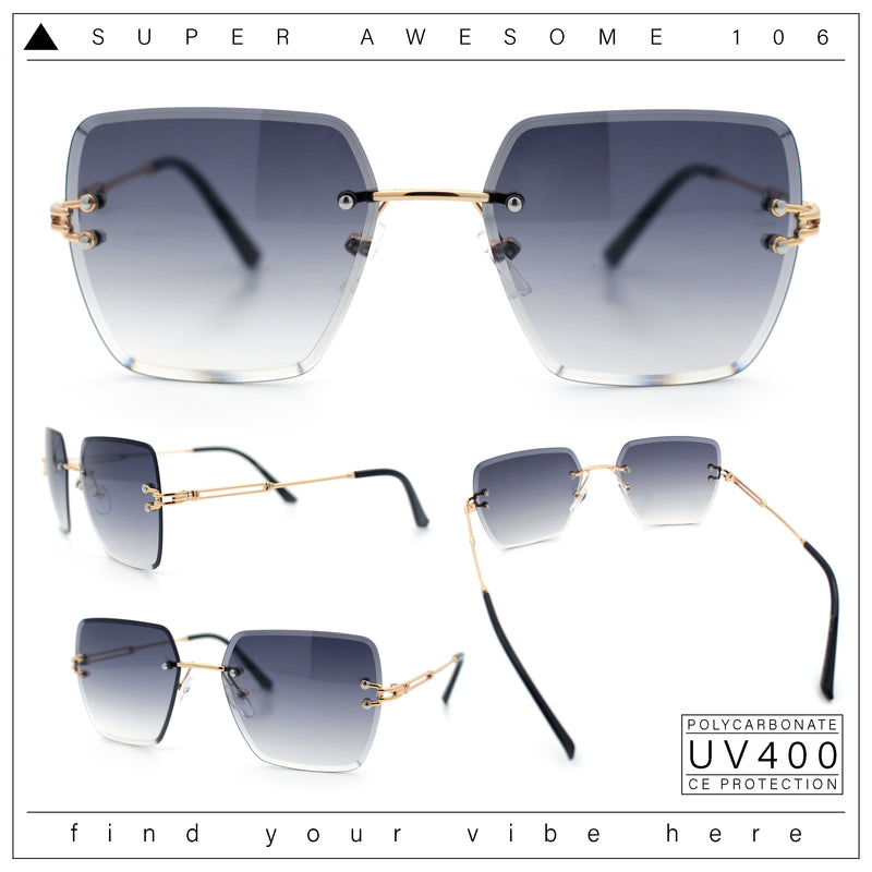 Womens Rimless Oversized Rectangle Designer Fashion Metal Rim Sunglasses
