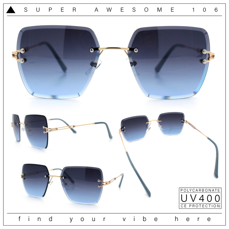 Womens Rimless Oversized Rectangle Designer Fashion Metal Rim Sunglasses