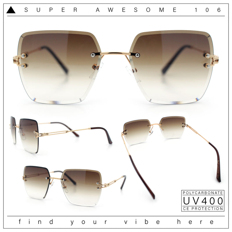 Womens Rimless Oversized Rectangle Designer Fashion Metal Rim Sunglasses