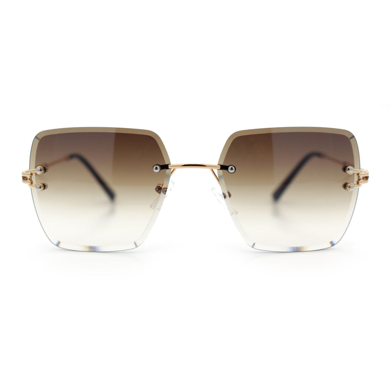 Womens Rimless Oversized Rectangle Designer Fashion Metal Rim Sunglasses