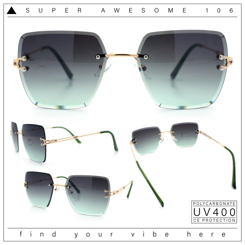 Womens Rimless Oversized Rectangle Designer Fashion Metal Rim Sunglasses