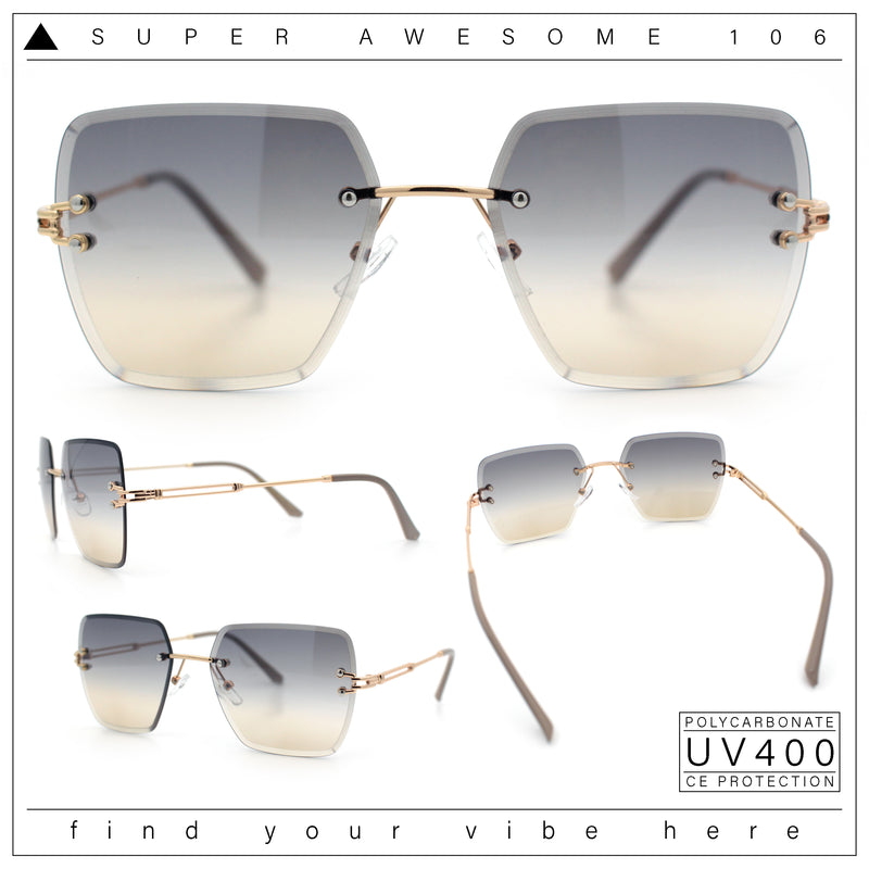 Womens Rimless Oversized Rectangle Designer Fashion Metal Rim Sunglasses