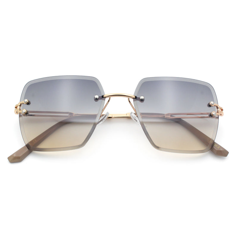 Womens Rimless Oversized Rectangle Designer Fashion Metal Rim Sunglasses