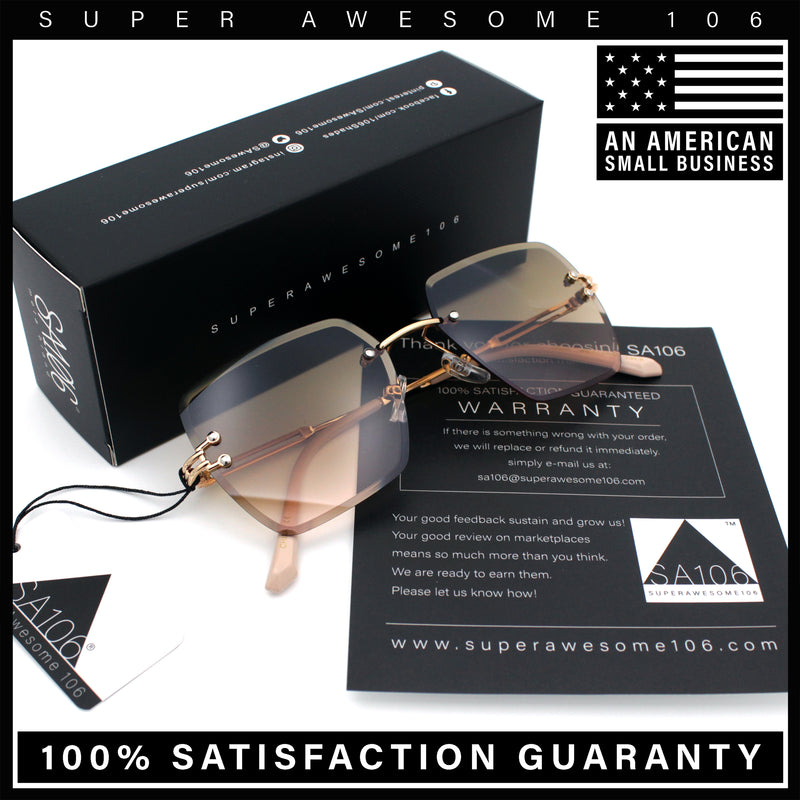 Womens Rimless Oversized Rectangle Designer Fashion Metal Rim Sunglasses