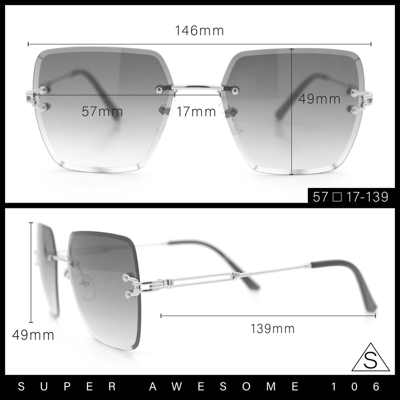 Womens Rimless Oversized Rectangle Designer Fashion Metal Rim Sunglasses