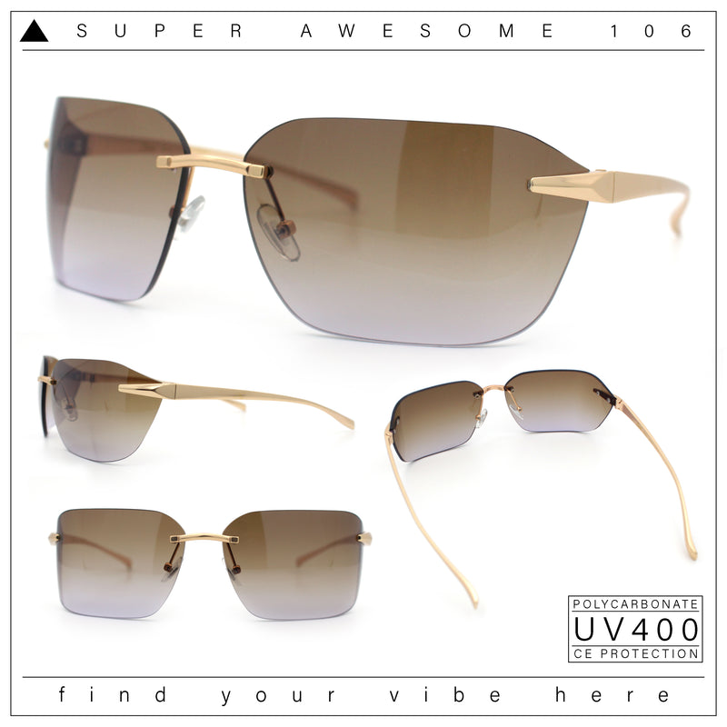 Womens Rimless Wrap Luxury Oversized Rectangle Metal Frame Sunglasses