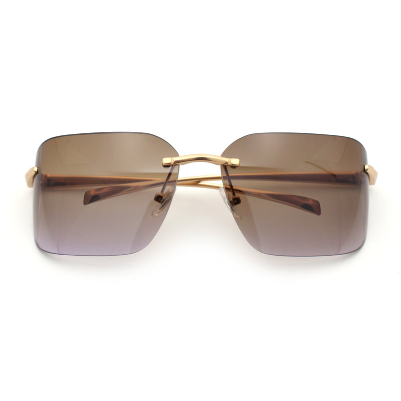 Womens Rimless Wrap Luxury Oversized Rectangle Metal Frame Sunglasses