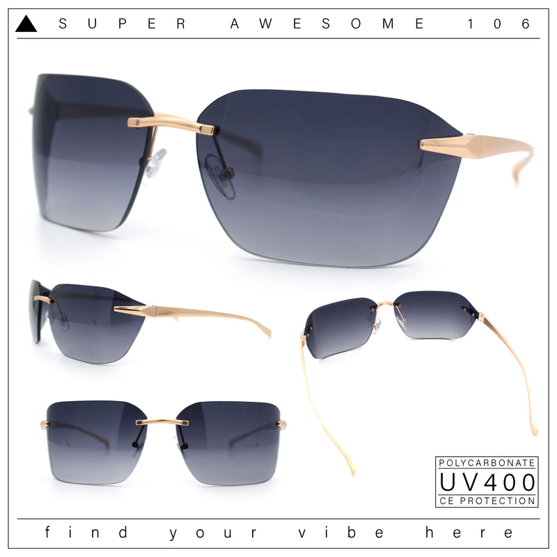 Womens Rimless Wrap Luxury Oversized Rectangle Metal Frame Sunglasses