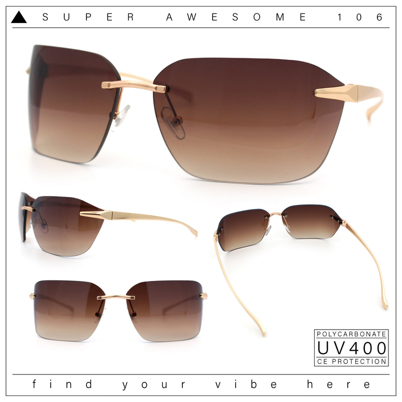 Womens Rimless Wrap Luxury Oversized Rectangle Metal Frame Sunglasses
