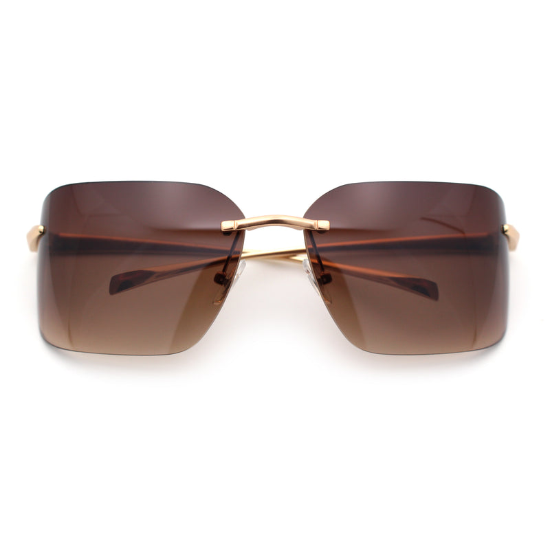 Womens Rimless Wrap Luxury Oversized Rectangle Metal Frame Sunglasses