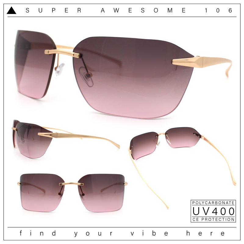 Womens Rimless Wrap Luxury Oversized Rectangle Metal Frame Sunglasses