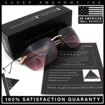 Womens Rimless Wrap Luxury Oversized Rectangle Metal Frame Sunglasses